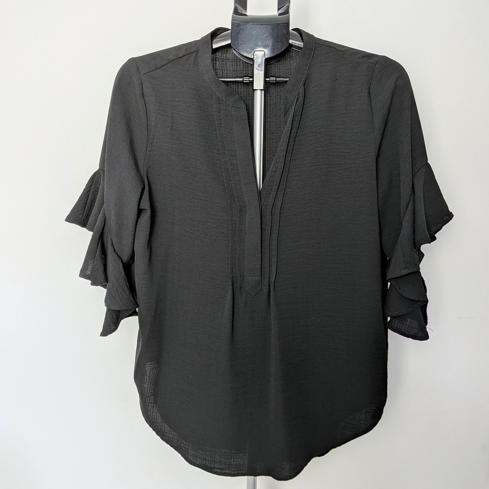 Philosophy Black Ruffle Sleeve Split Neck Blouse – Women’s Medium #192 - Picture 2 of 7